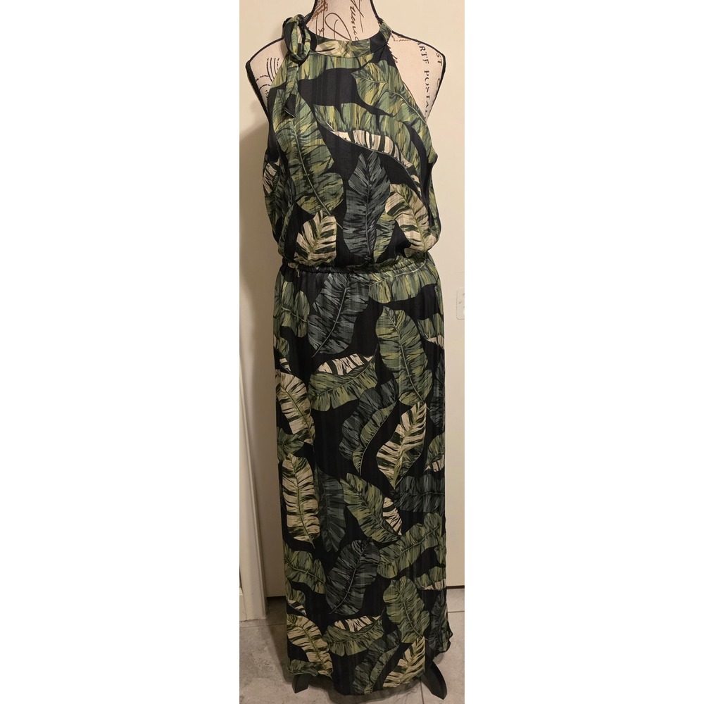 Banana Republic Tropical Palm Leaf Print Halter Maxi Dress Tie Neck Green Black